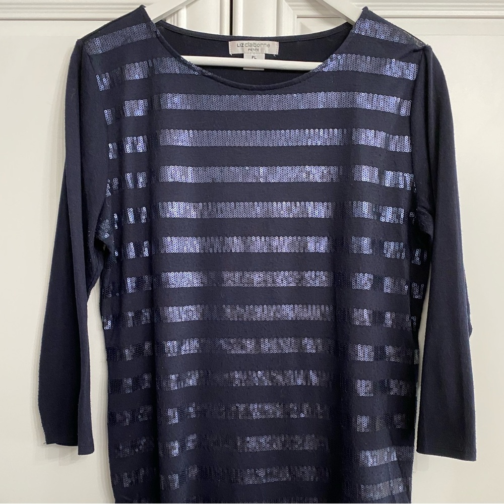 Liz Claiborne Women’s Petite Large Navy Scoop Neck Knit Shirt with Sequin Bands - Picture 5 of 10